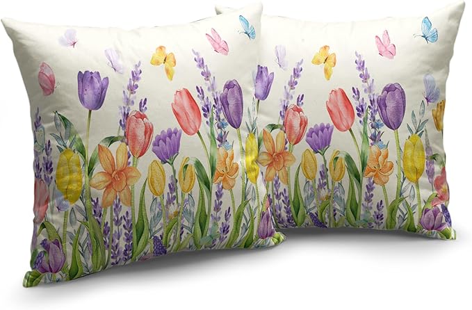 Spring Tulip Floral Pillow Covers 16x16 Set of 2 Watercolor Lavender Daffodils Flowers Throw Pillows Summer Outdoor Farmhouse Pillow Case for Couch Home Sofa Bed Decor