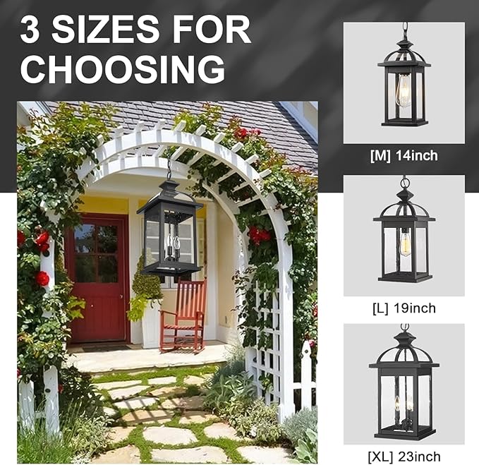 Darkaway Outdoor Pendant Lights for Porch, Extra Large 23inch Outdoor Chandelier 3-Light Hanging Lights Adjustable Hegiht Exterior Chandelier Ceiling Mount with Seeded Glass for House Patio Gazebo