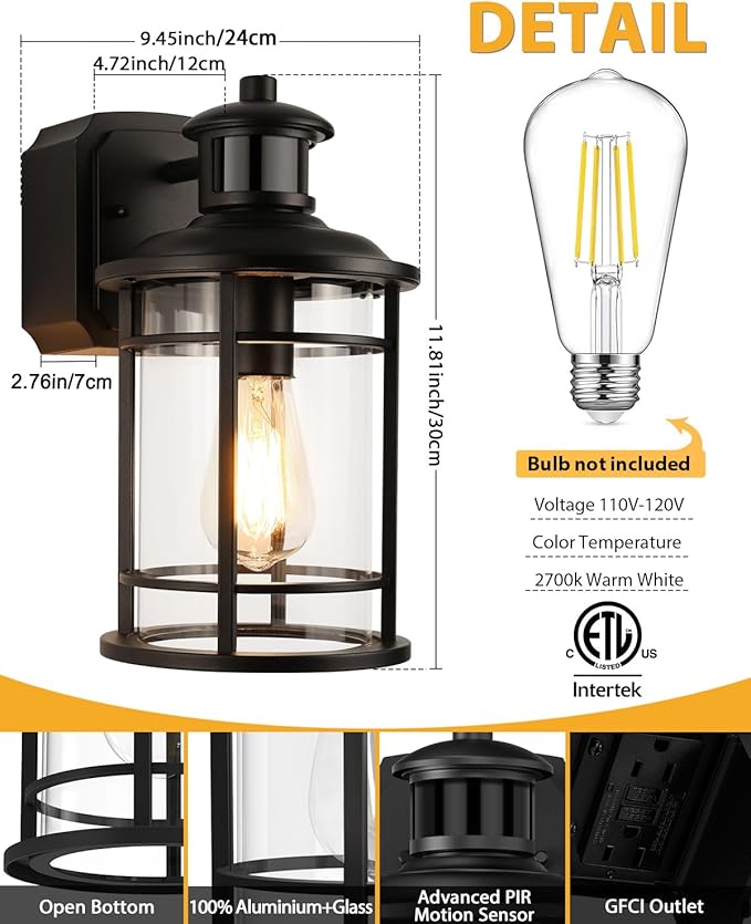 Porch Lights with GFCI Outlet, Dusk to Dawn Motion Sensor Outdoor Lights, 3 Lighting Modes Waterproof Anti-Rust Alunmium Outside Porch Wall Light, Exterior Light Fixture for House Garage Front Door