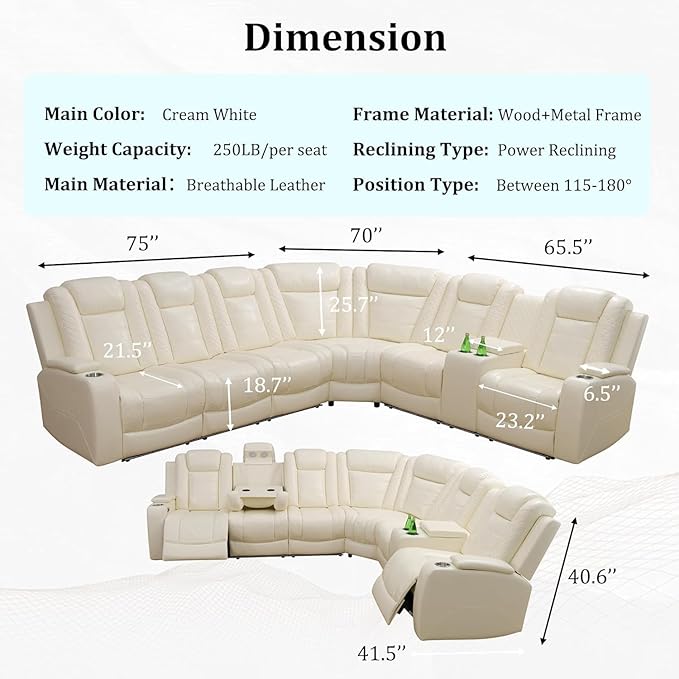Power Recliner Sectional Sofa,Breathing Leather Reclining Sectional Couches for Living Room, Living Room Furnitures Sets with Cup Holder/USB Charge for Home Office Theater (Creamy White2)