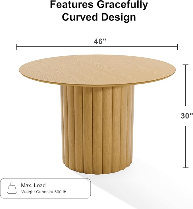 Casaphoria 46" Round Dining Table, Modern Kitchen Table for 4-6, Undercut Edge Top & Cylinder Wide Strip Convex Leg, Farmhouse Dinner Table for Living Room, Kitchen, Bar, Easy Assembly, Oak