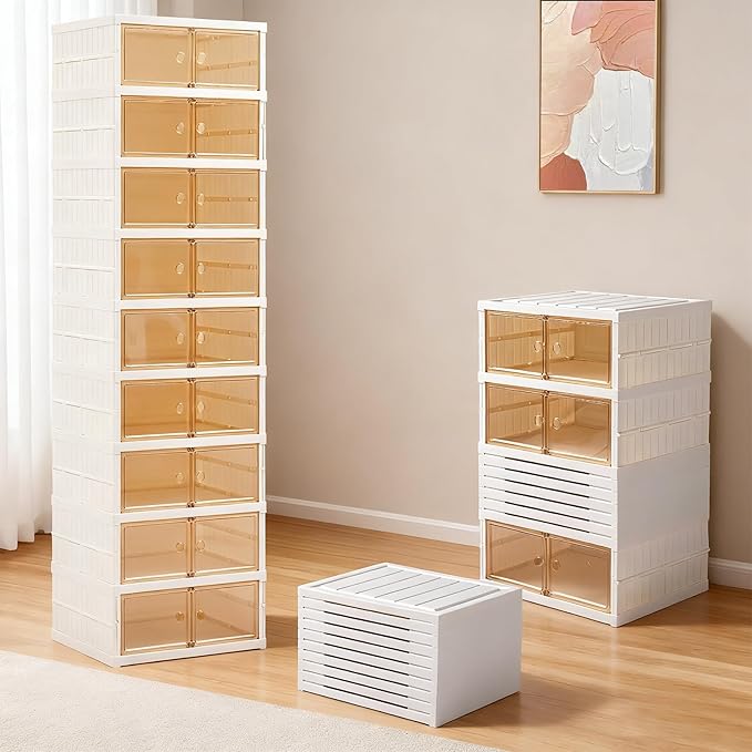 SAYMA 9 Tiers-18 Pairs Foldable Shoe Rack Organizer Plastic Collapsible Shoe Shelf Clear Shoe Boxes Stackable with Door Easy Assembly Shoe Cabinet for Entryway, Living Room (9 Tiers-18 Pairs)