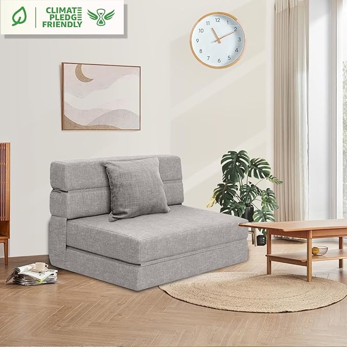 ANONER Folding Sleeper Chair Sofa Bed Lazy Couch with Pillow, Twin Size, Light Gray, Convertible Sleeper Chair and Foam Fold Out Chair Bed
