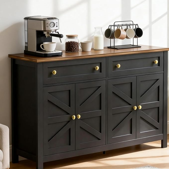 Modern Farmhouse Sideboard Buffet Cabinet 55", Coffee Bar with Adjustable Shelves, Storage Pantry Cabinet for Kitchen, Living Room, Entryway