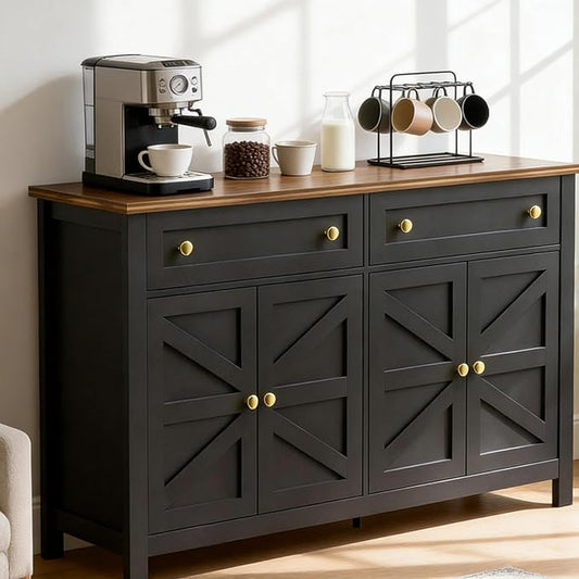 Modern Farmhouse Sideboard Buffet Cabinet 55", Coffee Bar with Adjustable Shelves, Storage Pantry Cabinet for Kitchen, Living Room, Entryway