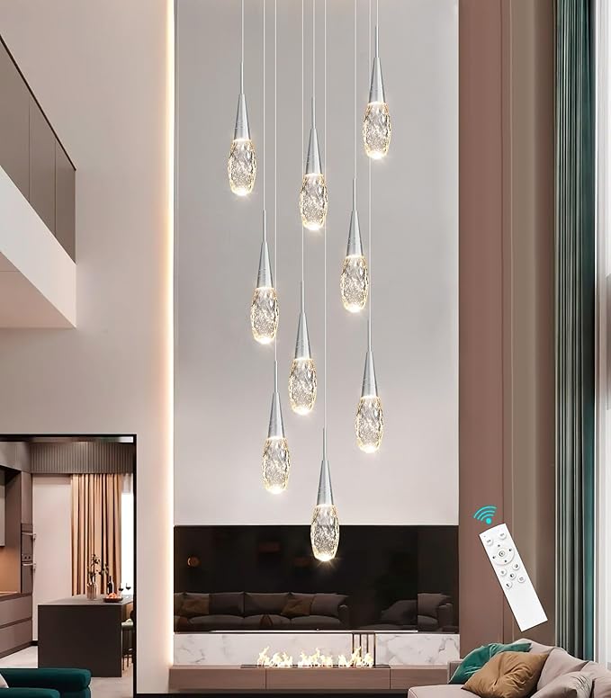 118 Inches Long Chandelier Adjustable Hanging Lights Modern Glam Crystal Ceiling Pendant Dimmable Lighting Fixture for Hallway Foyer Living Room Silver