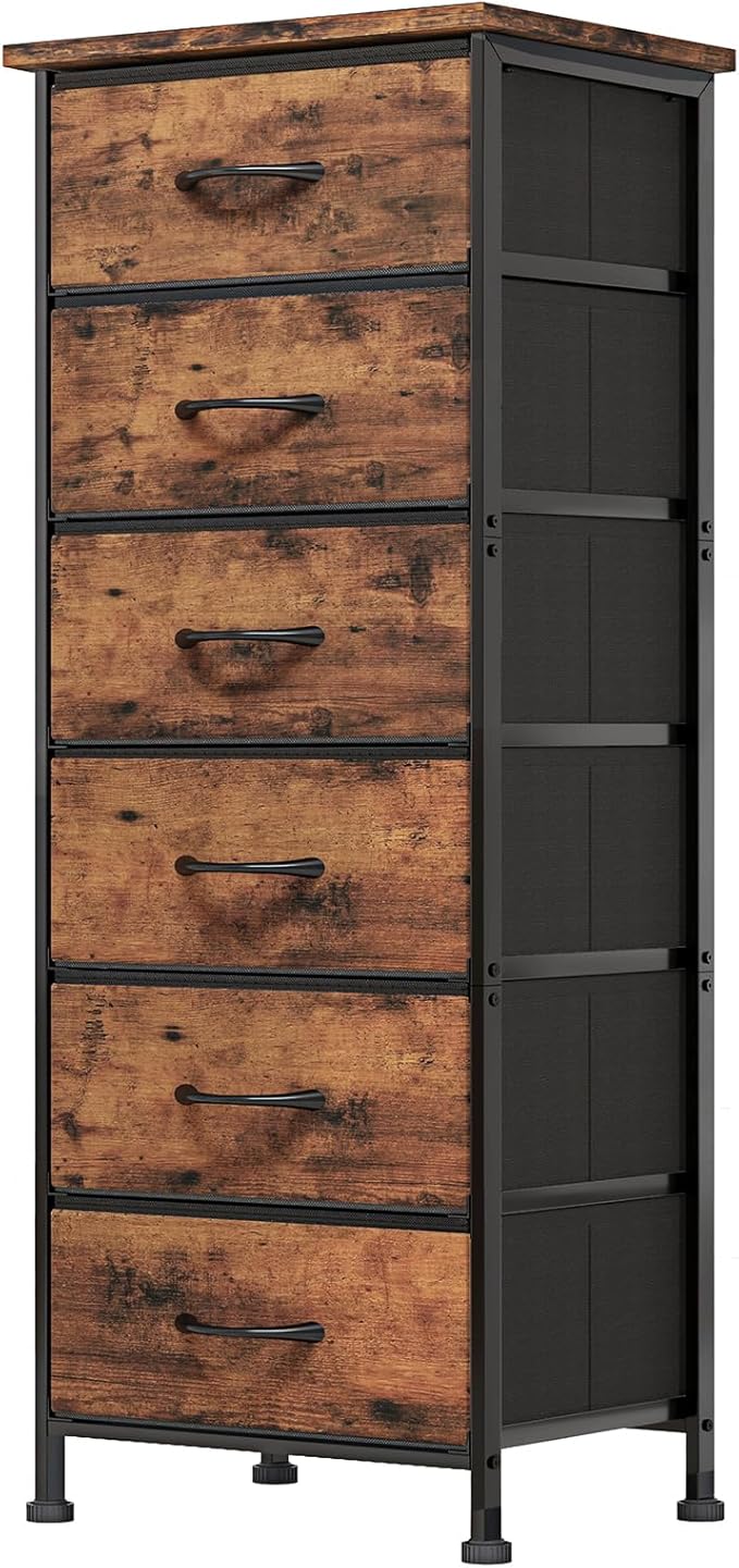 Fixwal Tall Dresser for Bedroom Closet Organizers and Storage Tall Fabric Dresser with 6 Drawers, Small Clothes Storage Girl Bedroom Furniture, Rustic Brown