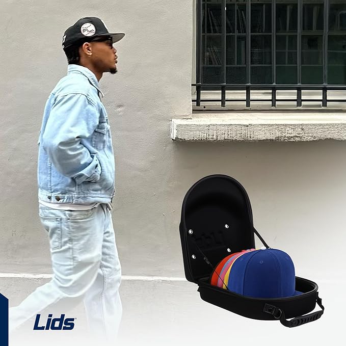 Lids Hat Travel Case – Baseball Cap Carrier for 6 Hats, Durable Black Exterior with Pink Interior, Storage with Handle & Adjustable Shoulder Strap, Hard Hat Organizer for Travel & Closet