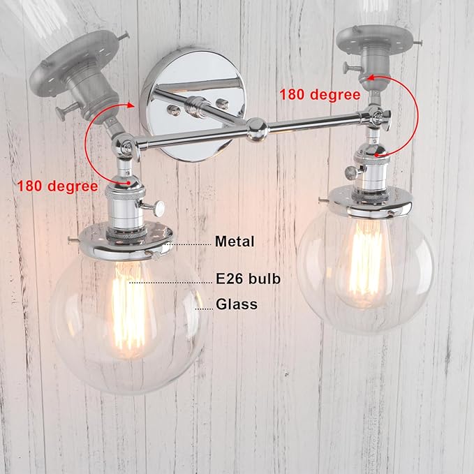 PERMO Double Sconce Vintage Industrial Antique 2-Lights Wall Sconces with Dual Mini 5.9" Round Clear Glass Globe Shade (Chrome)