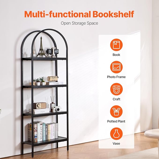 VEVOR Metal Bookshelf, 4-Tier Arched Industrial Bookshelf, Small Rustic Vintage Storage Bookcase with Open Shelves, Freestanding Display Shelving Unit Storage Rack, for Living Room, Bedroom & Office