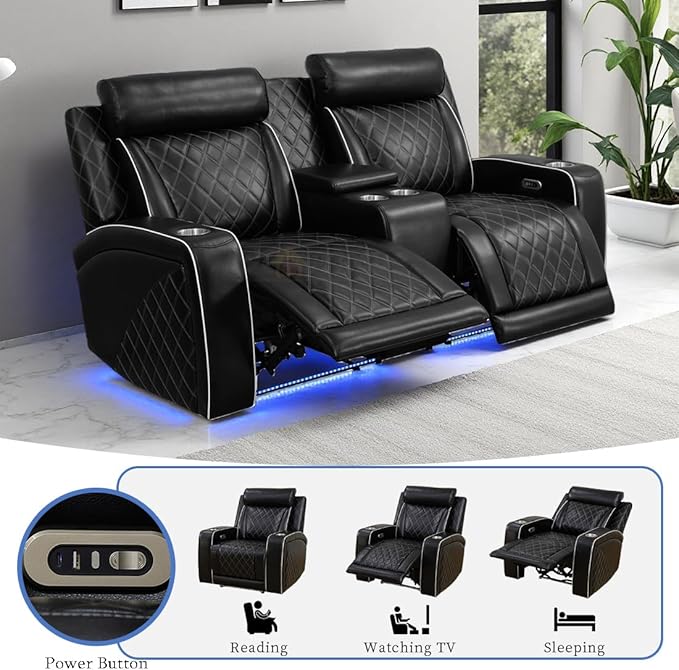 Living Room Furniture Sets, Breathing Leather Power Reclining Loveseat with Cup Holders, 2 Seater Leather Sofa Couch with 2 Recliners/Storage Console/USB Port for Living Room/Office/Home Theater