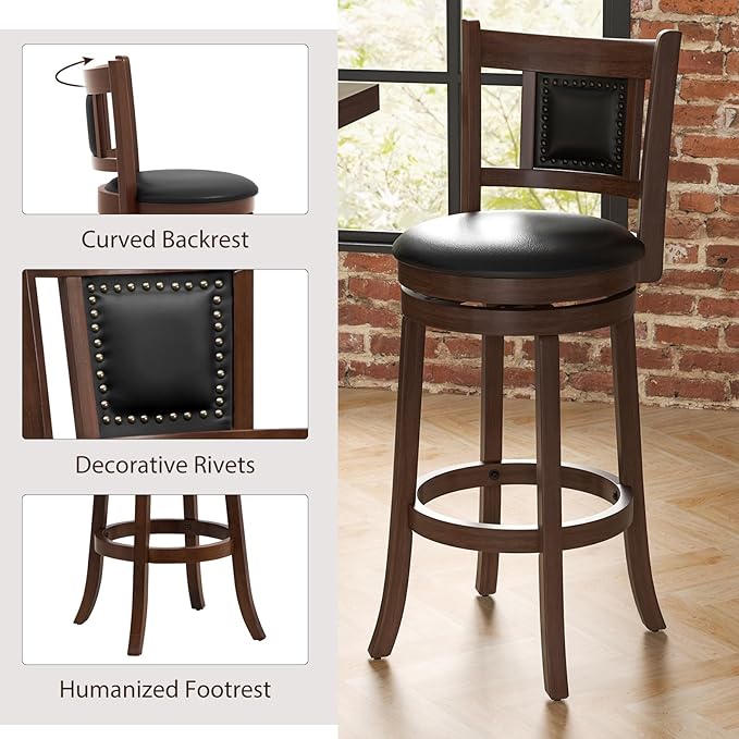 GOFLAME 30.5” Upholstered Bar Stools Set of 2, Swivel Bar Height Stools with Curved Backrest & Footrest, Solid Rubber Wood Barstools for Kitchen Island, Bar Counter, Cafe, Dining Room