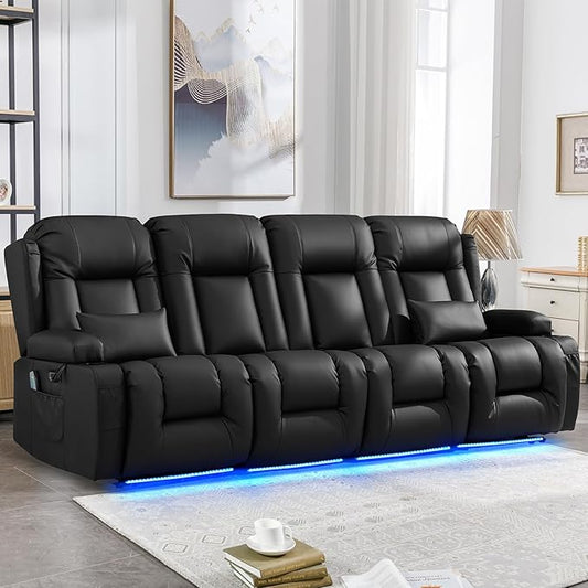IPKIG Power Recliner Sofa with Flip-Up Backrest Console, USB & USB-C Ports, AC Outlet, LED Lights, Wall Hugger Recliners for Living Room, RV (Black, 98.7" - 4 Seat) | Faux Leather, Zero Gravity, Dual Reclining, 2 Lumabr Pillow