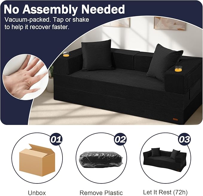 COMAX Boneless Couch, Futon Sofa Bed Couches Versatile Queen for Living Room, 79" 4 in 1 Convertible Sleeper Corduroy Couch Foam in a Box, Foldable Fold Out Floor Mattress No Assembly Required, Black