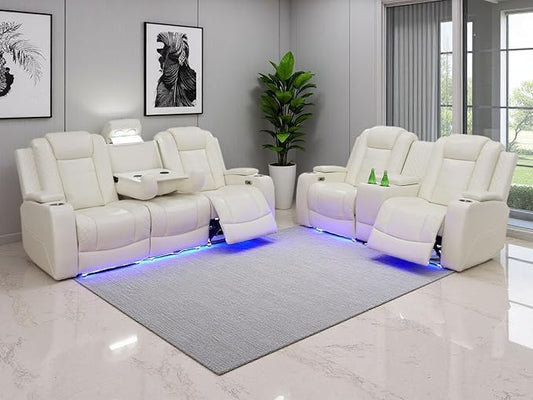 2 PCS Living Room Furniture Set with LED Lights, Power Recliner Sofa Set, Creamy White Breathing Leather Power Reclining Sofa Couches with Charging Ports/Storage/Cup Holders for Home Theater/Office
