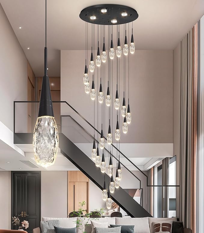28-Lights 177 Inches Modern Chandelier LED Light Fixtures High Ceiling Long Light Chandelier for Entrance Foyer Dimmable Lights with Remote Living Room Ceiling Pendant Lighting Drop Lights Black