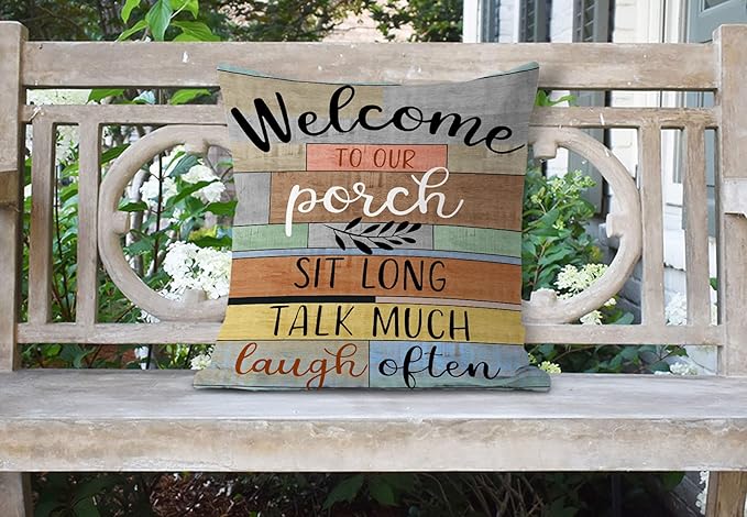 Jartinle Decorative Outdoor Pillow Covers Porch Rules Sign Farmhouse Throw Pillow Covers, Square Linen Patio Cushion Cases for Couch Bench Seat Chair Car 18x18 Inch