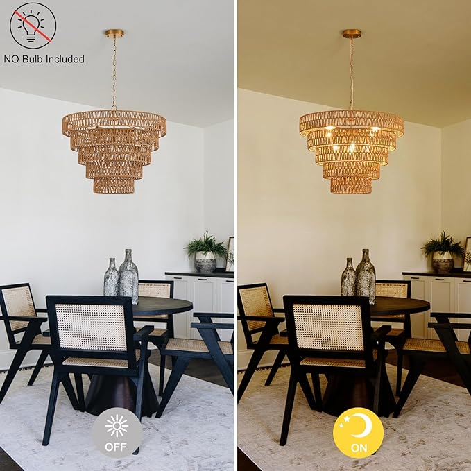 25.6" Hand-Woven Rattan Chandelier Light Fixture 8-Light Vintage Farmhouse Hand-Woven Boho Bamboo Rattan Chandelier 5-Tier Drum Wicker Golden Chandeliers for Dining Room, Kitchen, Living Room