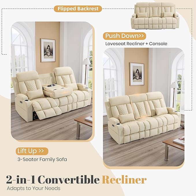 2-Piece Power Reclining Sofa Set, 3-Seater Sofa with Drop-Down Console & 2-Seater Loveseat, Zero Wall Hugger Electric Recliner Couch with Adjustable Headrest, AC Outlets (Light Beige, 3+2 Set)