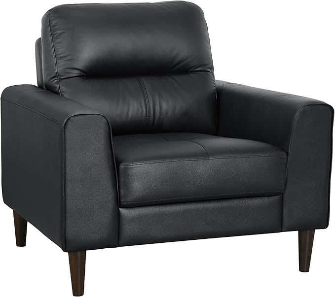 Lexicon Leather Match Accent Chair, Modern Sofa Armchair, Oversized Seat, Solid Wood Legs,Top Grain Leather Lounge Chair for Living Room, Bedroom, Office, Apartment, Waiting Room, Black