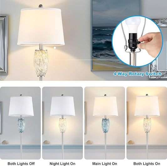 Modern Floor Lamp for Living Room, Bedroom, Stained Glass Coastal Lamp for Living Room Decor, Mid Century 65" Tall Standing Lamp with Nightlight, Corner Stand Up Light (Bulb Included)