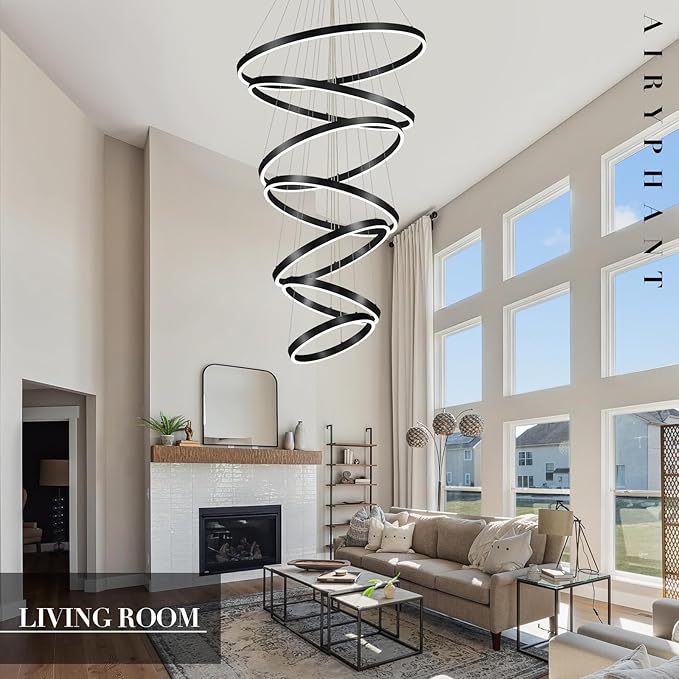 Modern LED Chandelier 7-Ring Chandeliers High Ceiling Black 31" Large Foyer Chandeliers Dimmable Luxury Contemporary Chandelier Light for Living Room Staircase Entryway, 3000K-6500K