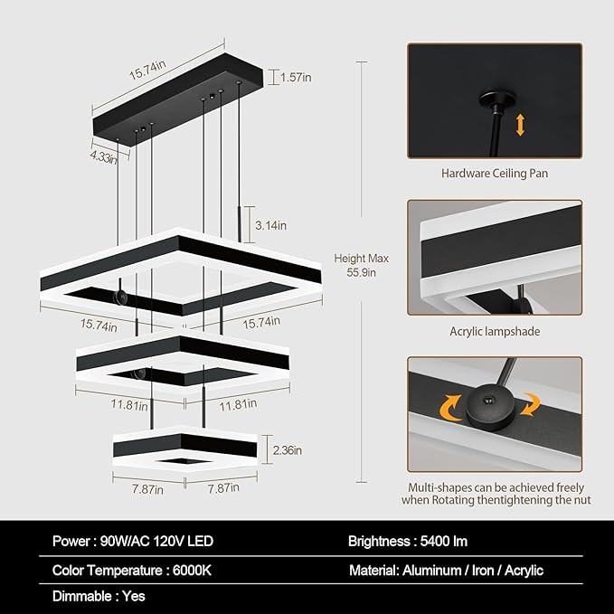 Modern Black Chandelier Foyer Ceiling Chandeliers 90W Dimmable LED Pendant Light Dining Room Light Fixture 3 Rings Square Chandelier for Kitchen Island Living Room Bedroom Hallway
