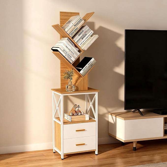 Lightdot 63" Tree Bookshelf TV Stand, Tall Narrow Side Cabinet Beside with Drawers, Modern Wooden Media Console Storage Tower, Slim Corner Display Rack for Living Room, Sofa & Entryway, Rustic Walnut