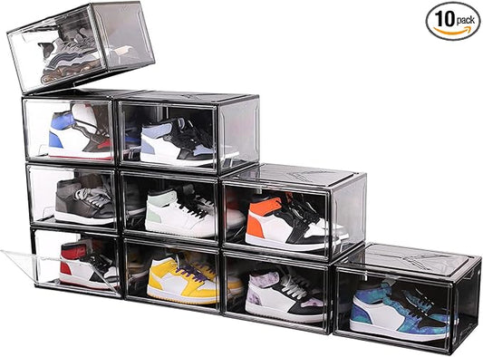 KDOR Shoe Boxes Clear Plastic Stackable 10 Pack Sneaker Storage Boxes with Magnetic Door, Acrylic Display Case, Strong and Sturdy Fit Shoe Size Up to US 15