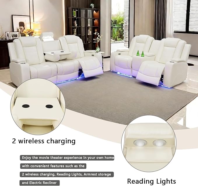 A Ainehome Power Leather Recliner Sofa Set with LED Lights, Recliner Sofa Sectional Couches for Living Room, Reclining Sofa and loveseat with USB Port/Storage Console(Creamy White,Sofa+loveseat)