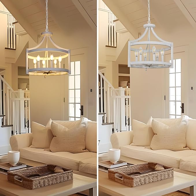 6-Light Farmhouse Chandelier, 19.3'' Vintage Chandeliers for Dining Room, Antique White Semi Flush Mount Ceiling Light, Rustic Metal Hanging Pendant Light Fixture for Entryway Foyer Hallway
