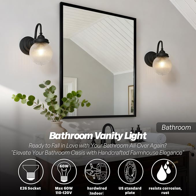 Curved Arm Wall Sconce Lighting with Clear Ribbed Glass Globe Shade, Vintage Brass Bathroom Wall Light Fixtures for Kitchen Living Room Bedroom Farmhouse