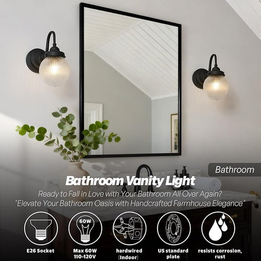 Curved Arm Wall Sconce Lighting with Clear Ribbed Glass Globe Shade, Vintage Brass Bathroom Wall Light Fixtures for Kitchen Living Room Bedroom Farmhouse