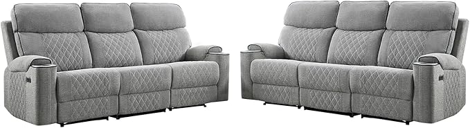 HAOMARKETS Power Oversized Reclining Sofa Couch Set of 2 with Cup Holders, Breathable Fabric 3-Seater Electric Recliner Couches with USB and Type-C Charging Ports for Living Room, Light Grey
