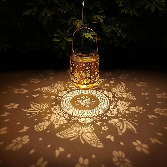 2 Pack Butterfly Solar Lanterns Outdoor Waterproof Rose Garden Decor Gifts for Mom Women Grandma Metal Hanging Solar Lights Outdoor Decoration for Patio,Yard,Porch,Backyard