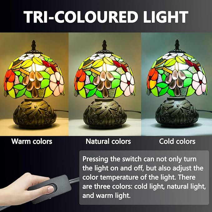 Small Tiffany Table Lamp,Stained Glass Lamp,8 Inch Mushroom Style Mini Vintage Desk Lights for Bedside, Bedroom,Nightstand,Living Room,3 Color Temperature (Grape)