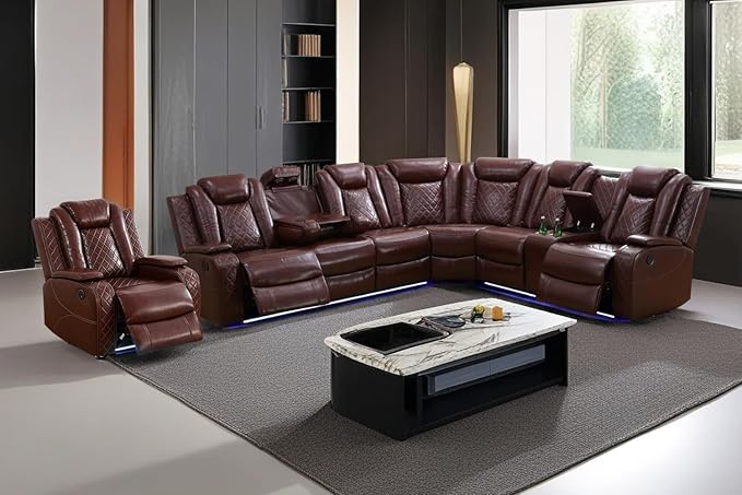 A Ainehome Leather Power Recliner Furniture Sofa Set, Power Recliner Adjustable Sofa, Loveseat and Chair with USB Chargers/Cup Holder for Living Room/Office(A-Brown)
