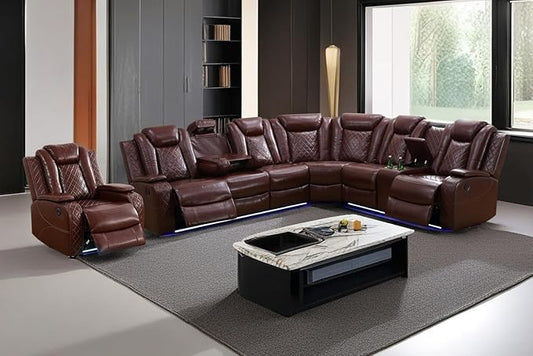 A Ainehome Leather Power Recliner Furniture Sofa Set, Power Recliner Adjustable Sofa, Loveseat and Chair with USB Chargers/Cup Holder for Living Room/Office(A-Brown)