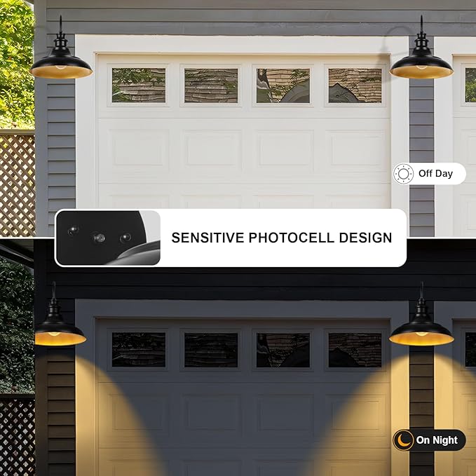 Dusk to Dawn Sensor Outdoor Barn Light Fixtures, 16 Inch Dome Farmhouse Outdoor Wall Sconces, Rustic Exterior Wall Mount Lights, Industrial Black Gold Wall Lanterns for Porch, 2 Pack