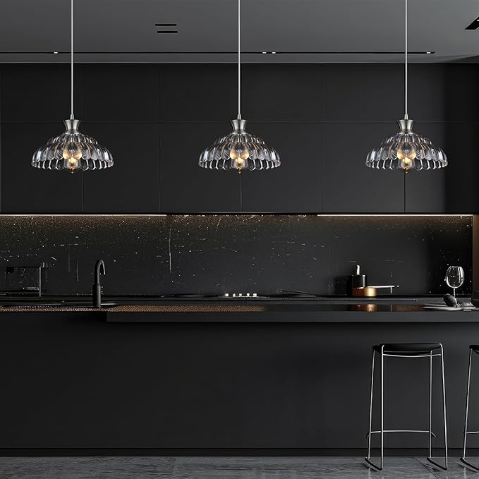 Modern Glass Pendant Lights Kitchen Island, 11.8" Glass Light Fixtures Brushed Chrome Flower Vintage Lighting Glass Ceiling Chandelier for Dining Living Room Restaurant Bedroom Foyer Entryway