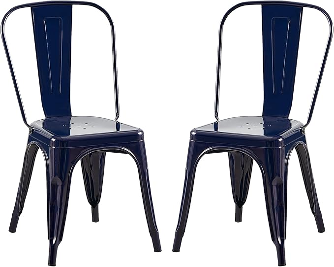 AC Pacific 18 Inch Seat Height Industrial Metal Dining Chairs, Stackable Kitchen or Bar Seat, Durable Modern Design, Versatile Accent Furniture, Set of 2, Dark Blue