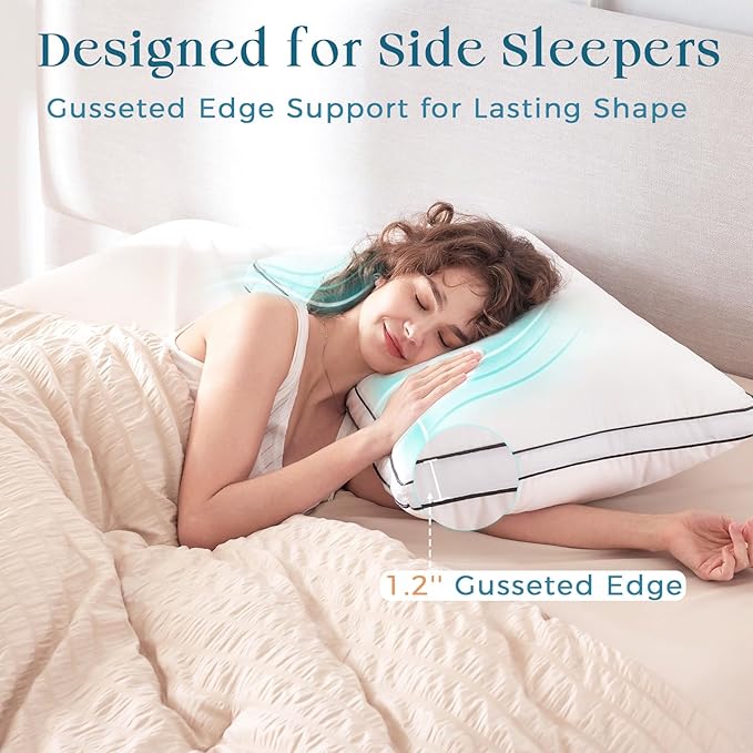 MUXHOMO Bed Pillows Queen Size Set of 2, Gusseted Sleeping Pillows for Side, Back, and Stomach Sleepers, Hotel Quality, Oeko-Tex Certified Fluffy Supportive Down Alternative Filling, White, 2 Pack