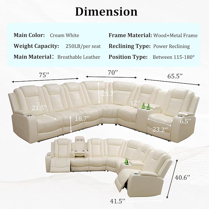 Power Recliner Sectional Sofa with LED, Breathing Leather Reclining Sectional Couch, L Shaped Couch with Dual Recliners, USB Port, Cup Holder&Storage (Cream White Pro, Sectional+Loveseat(8 Seats))