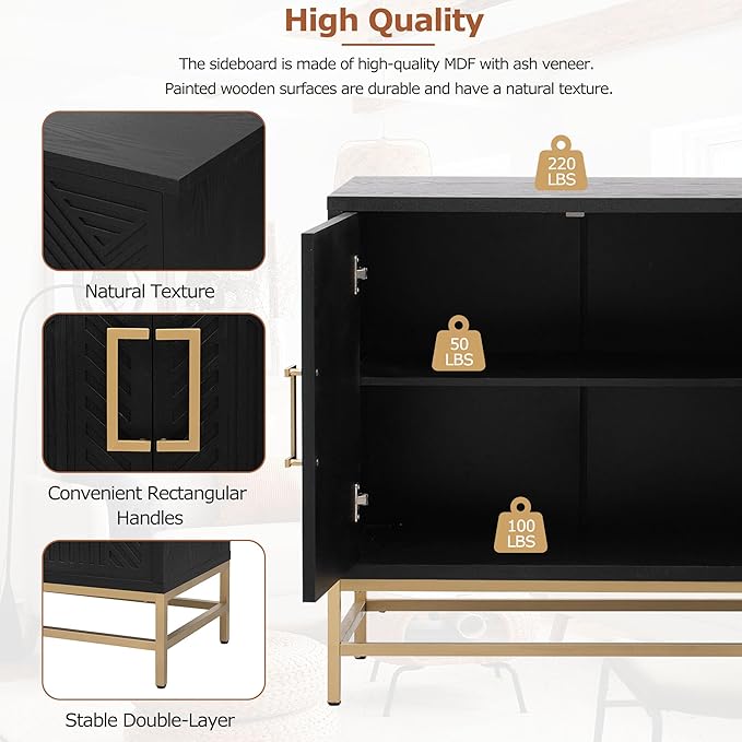 Ball & Cast 59.8" Sideboard Buffet Cabinet with Storage,Modern Coffee Bar Cabinet with 4 Doors and Adjustable Shelves,Wood Side Board Table with Gold Handles & Metal Legs for Living Room,Navy