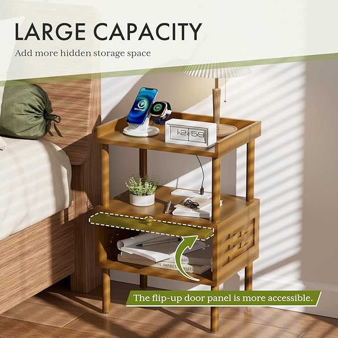 Amazer Bamboo Nightstand with Charging Station, Bedside Table with USB Ports & Outlets, End Table, Night Stand for Bedroom Lift-Up Drawer & Open Shelf, Walnut Brown