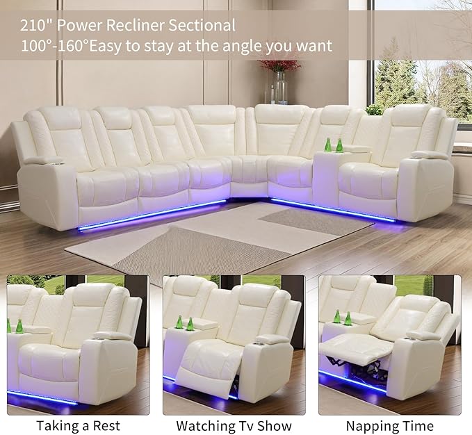 Power Recliner Sofa Sectional Couches with LED Light,Leather Reclining Corner Sectional Sofa Set with 3 Recliner Seats,Cup Holders,Storage Console for Living Room,Creamy