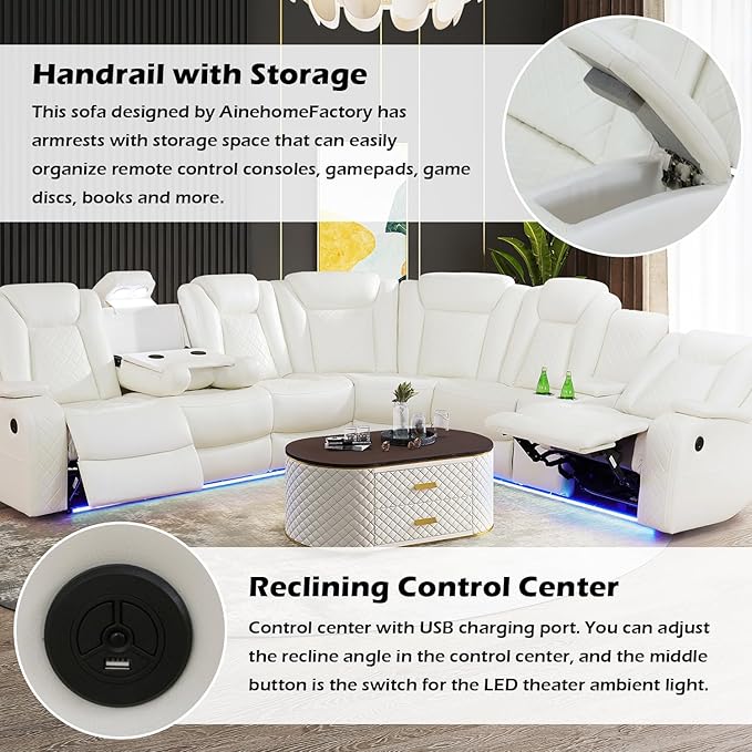Power Reclinier Sectional Sofa Set,White Leather Reclining Sectional Modular Couch Set,L Shaped Leather Couch with LED Light for Living Room/House/Apartment/Lounge(L+3 Seats Sofa)