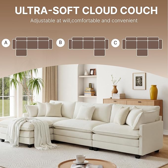 KISLOT 122" Oversized Modular Sectional Sofa,L-Shaped Cloud Couch with Movable Ottoman,Thick Cushions,4 Deep Seats with 5 Throw Pillows Sofa Couch Set for Living Room, Bedroom | Wood Frame