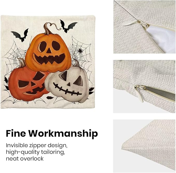 Halloween Pillow Covers 20 x 20 Inch Pack of 2, White Pumpkin Bat Spider Web Decorative Throw Pillow Covers Vintage Linen Farmhouse Outdoor Halloween Pillowcase for Bedroom Home Sofa Decor