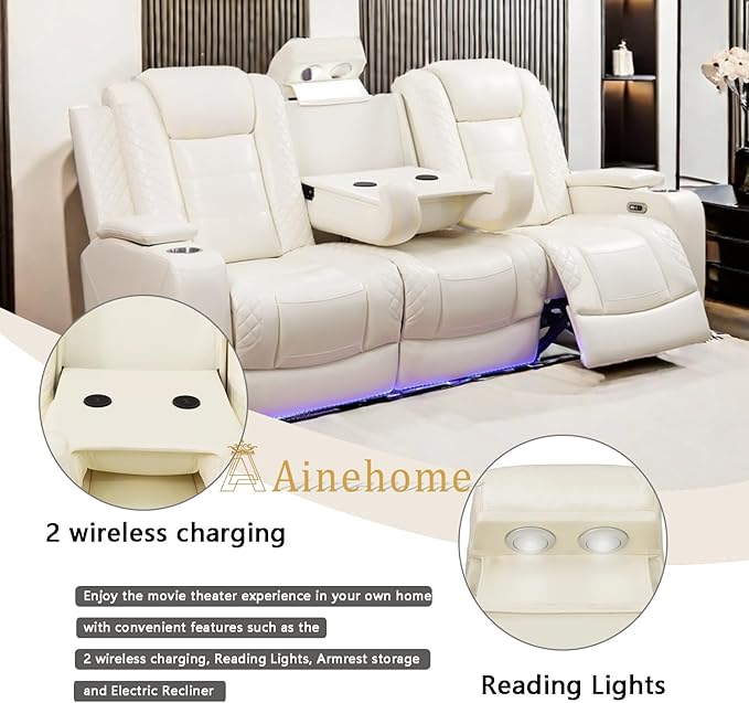 A Ainehome Power Leather Recliner Sofa Set with LED Lights, Recliner Sofa Sectional Couches for Living Room, Reclining Sofa and loveseat with USB Port/Storage Console(Creamy White,Sofa)
